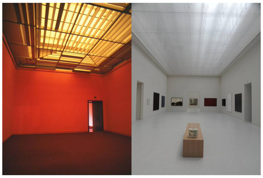 Die Neue Galerie vor und nach der lichttechnischen Sanierung.