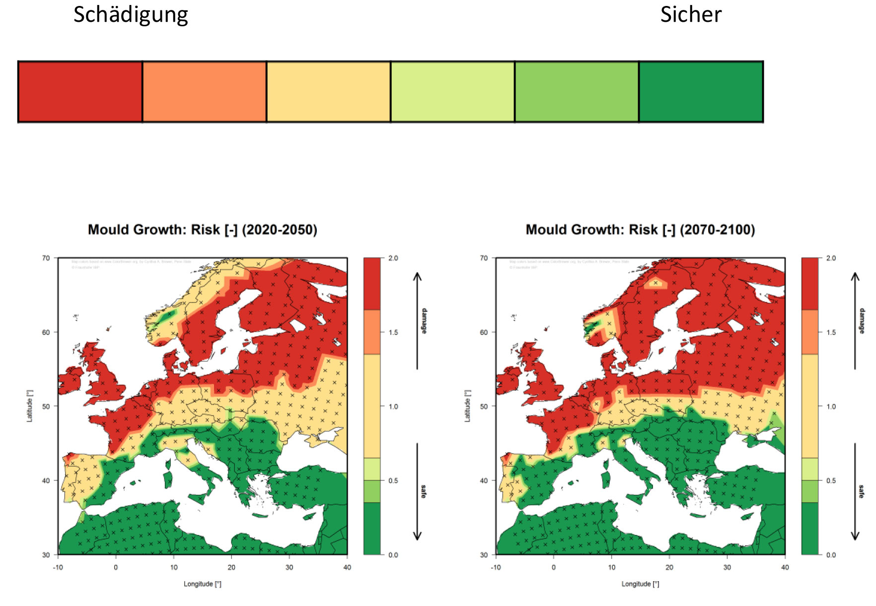 Europakarte, die das Schimmelpilzrisiko farblich aufzeigt.