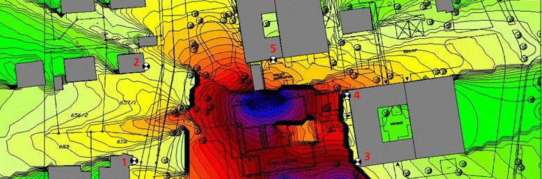 Noise map for the noise immission level in the vicinity of a construction site Noise map for the noise immission level in the vicinity of a construction site
